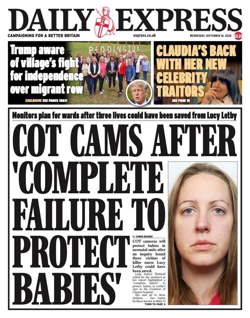 The headline on the front page of the Daily Express reads: 'Cot Cams After "complete failure to protect babies".'