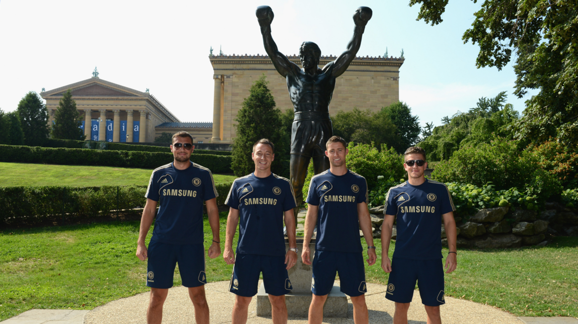 Chelsea players Sam Hutchinson (far right) pictured in front of the Rocky statue in Philadelphia with John Terry (second left), Gary Cahill (second right) and Ross Turnbull (left) during Chelsea's pre-season tour of the United States in 2012