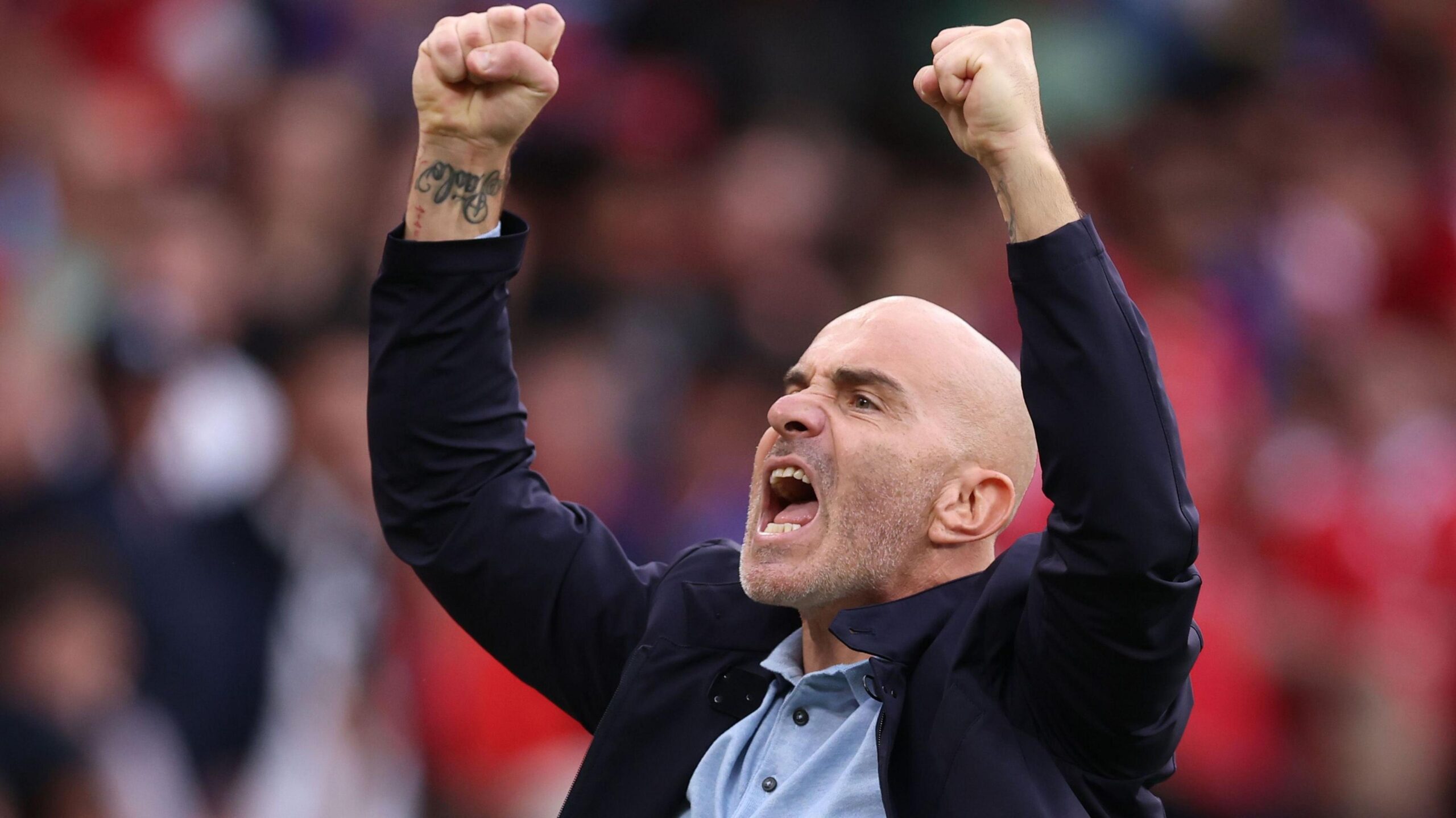 Enzo Maresca, manager of Manchester City, celebrates victory at the final whistle during the Premier League 2026-27 match between Manchester United and Manchester City at Old Trafford