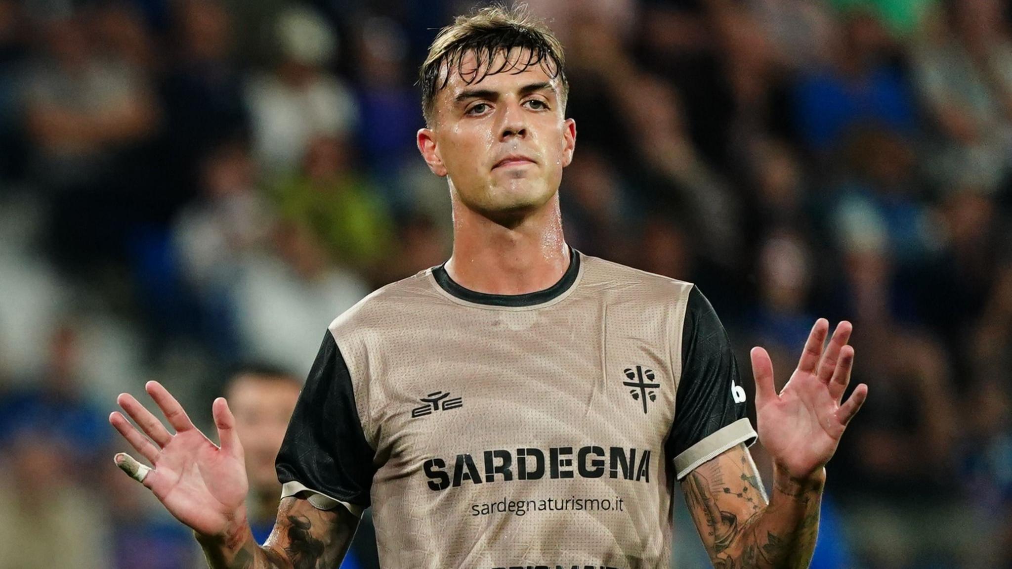 Daniel Maldini of Cagliari Calcio celebrates after scoring on penalty his first goal during the Serie A match between Atalanta BC and Parma Calcio
