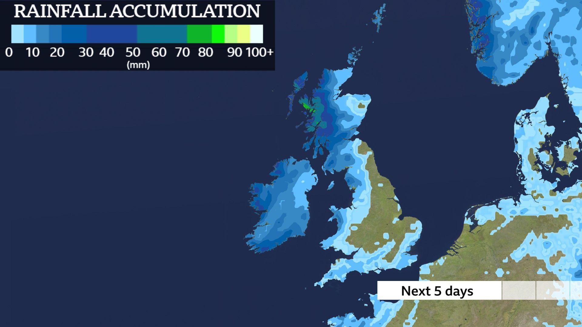 Map of UK showing where rainfall is expected to fall over the next five days. Darker blue colours show wettest areas which are forecast to be around Northern Ireland and western Scotland