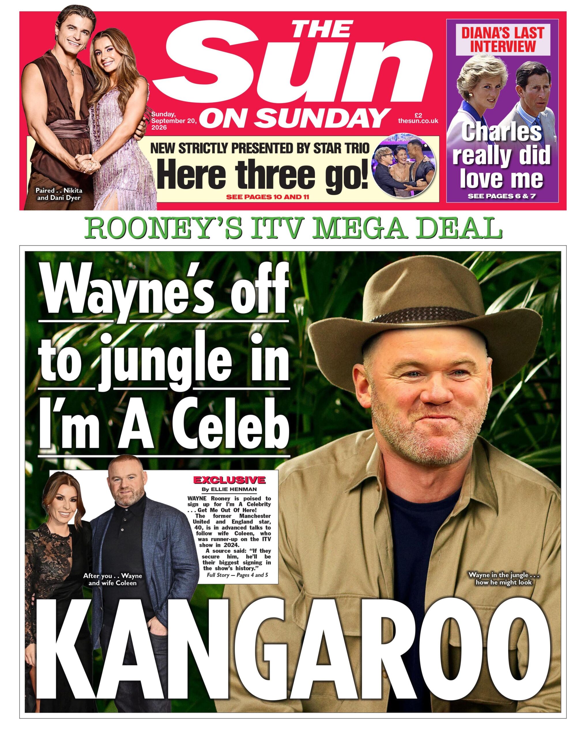 "Wayne's off to jungle in I'm A Celeb" reads the headline on the front page of the Sun on Sunday.