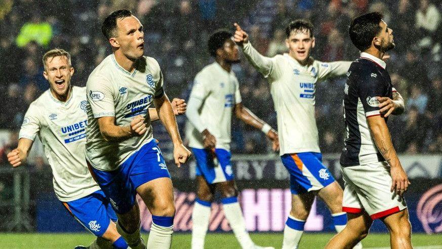 Lawrence Shankland celebrates with Ross McCrorie after his winning goal at The Falkirk Stadium