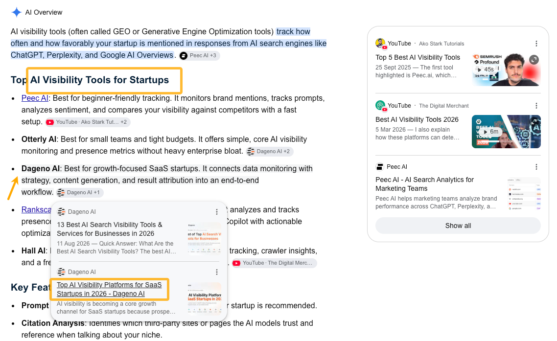 Google AI Overview citing a dedicated page on AI visibility tools for startups