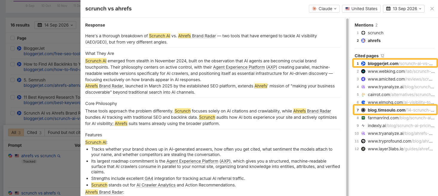 Brand Radar AI response citing competitor comparison pages