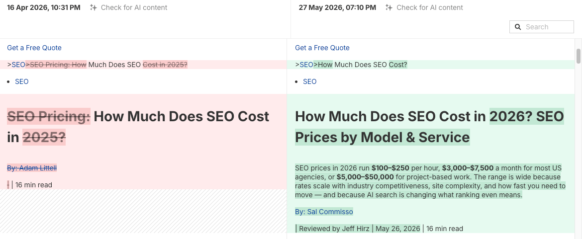 Competitor SEO pricing article updated with 2026 data