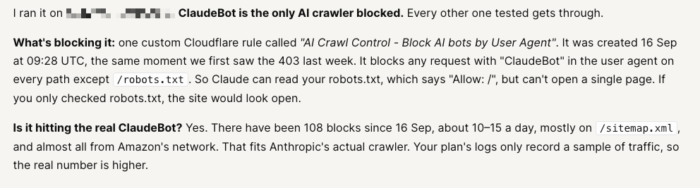 AI crawler access audit finding showing ClaudeBot blocked by a WAF rule