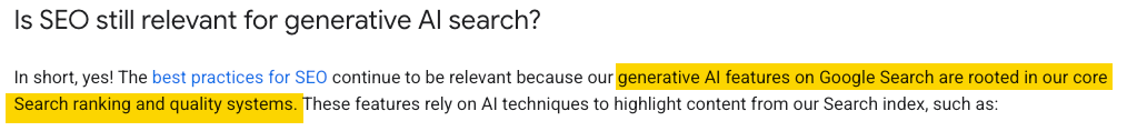 Google guidance saying AI search features rely on core Search ranking systems