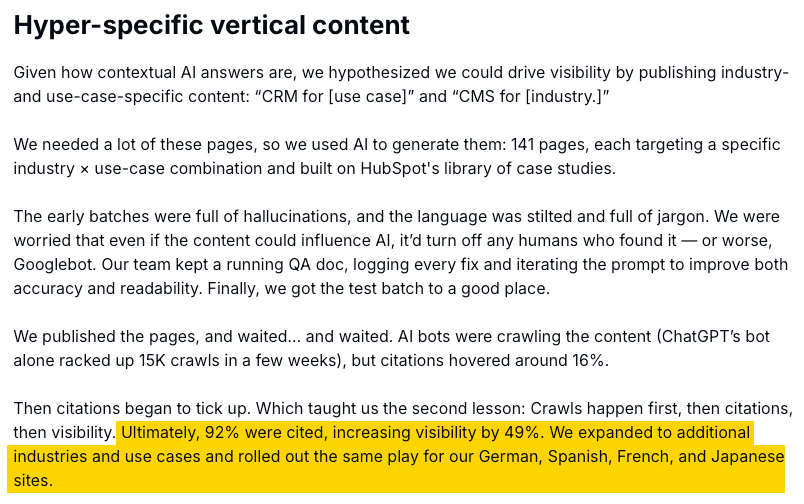 HubSpot case study excerpt on hyper-specific vertical content