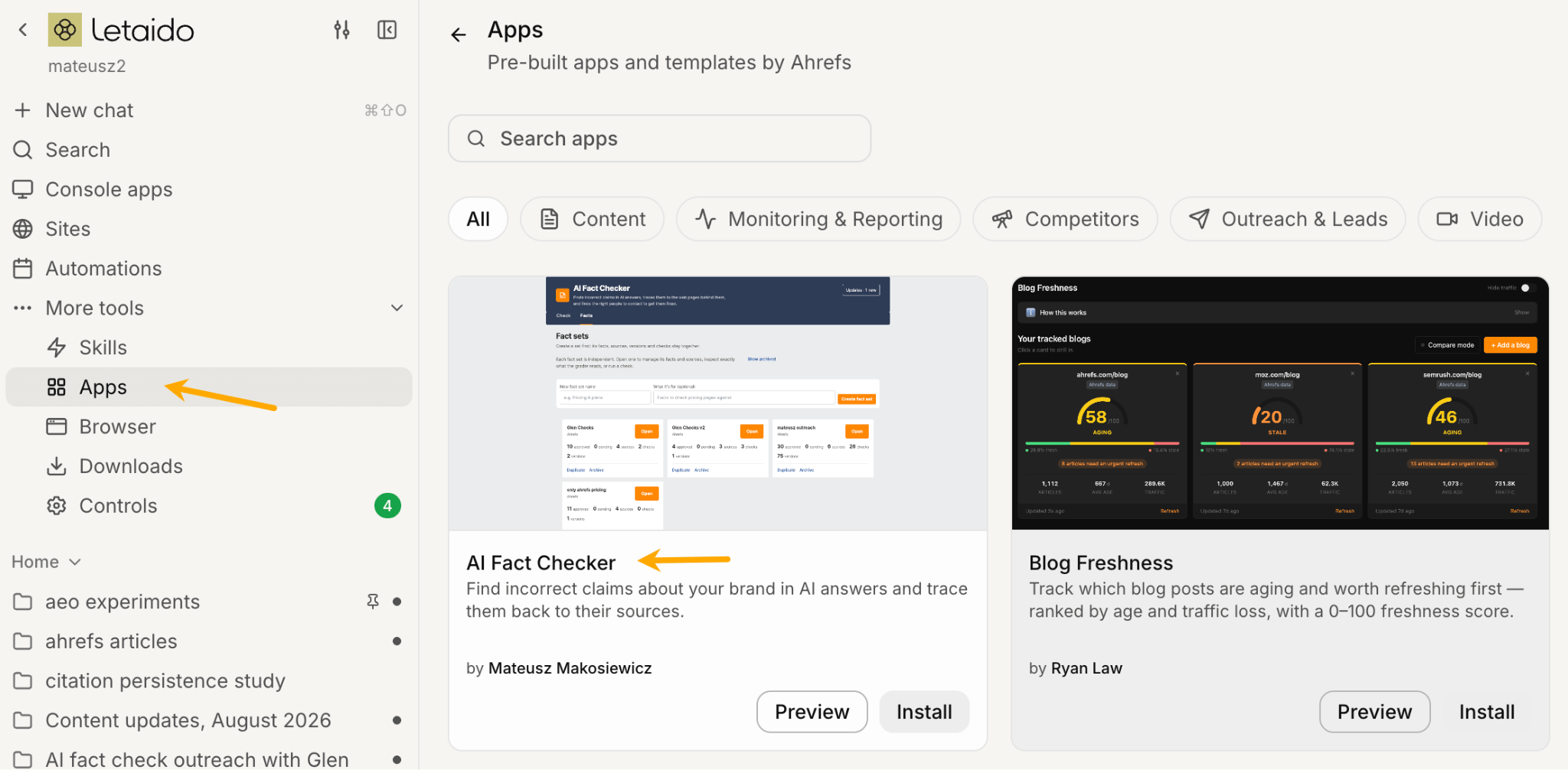 Letaido Apps page showing the AI Fact Checker app