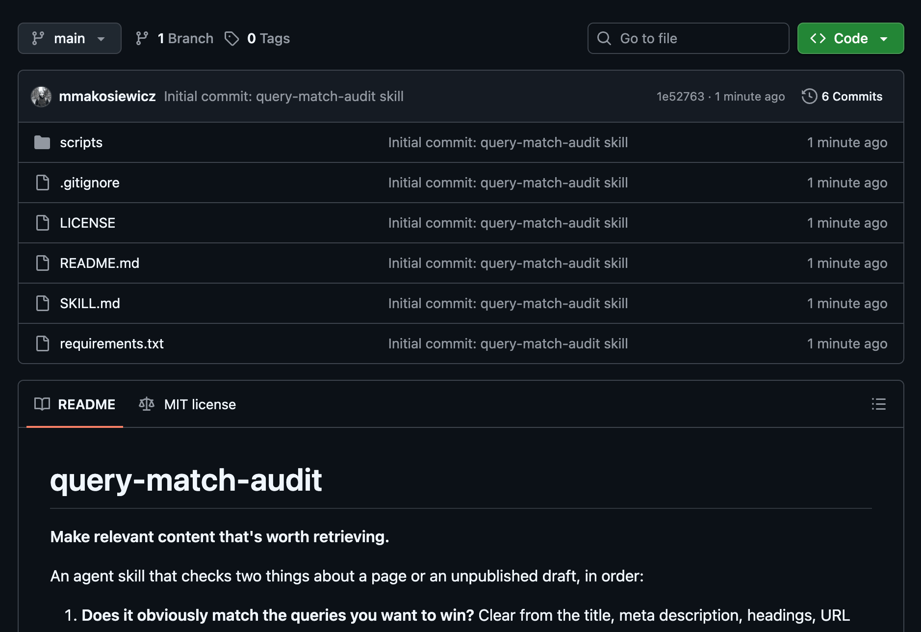 GitHub repo for the query-match-audit agent skill