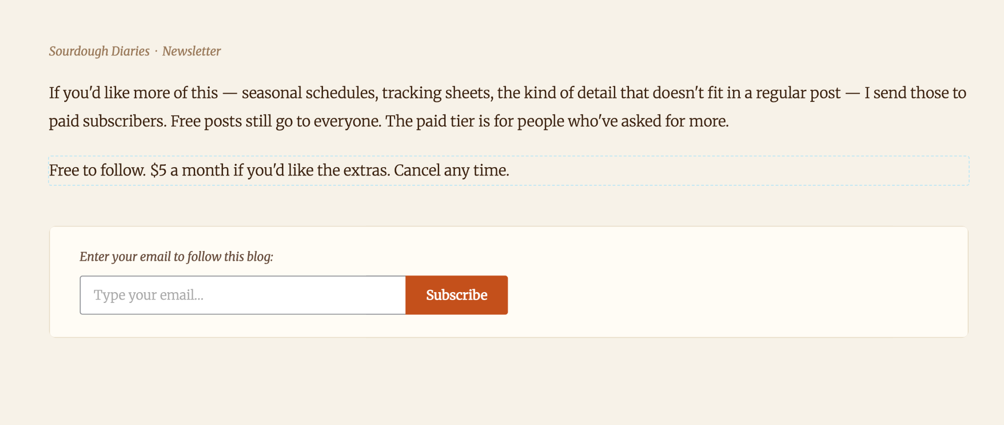 Paid newsletter signup offering bonus content for $5 a month alongside free posts.