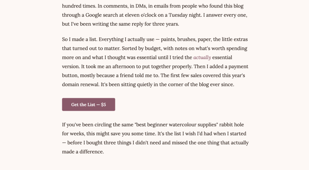 How to Monetize a Blog Without Turning It Into a Job Blog post selling a $5 downloadable watercolor supplies list with a payment button.