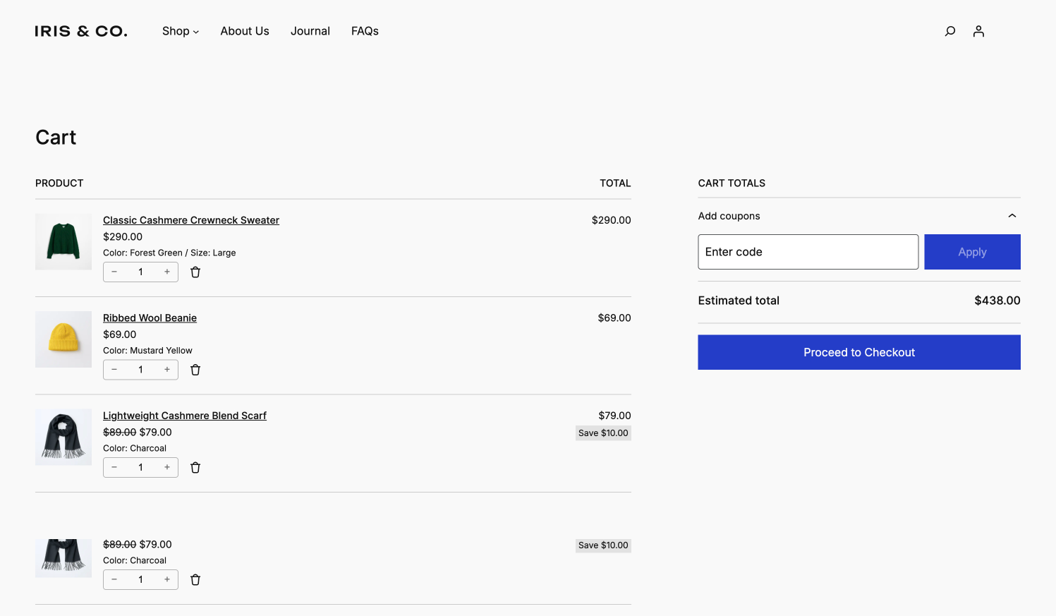 Purple cart page showing products, quantities, coupon field, total, and checkout button.