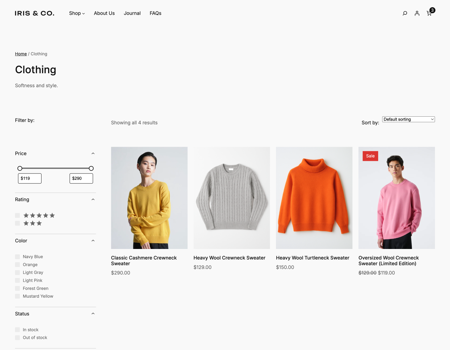 Purple shop page with product filters, sorting controls, and a grid of clothing products.