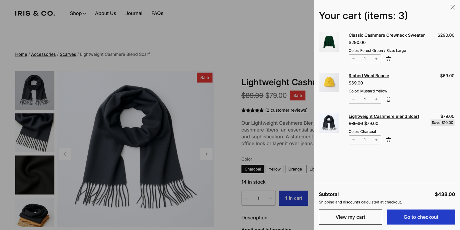 Purple store product page with the shopping cart open in a side panel.