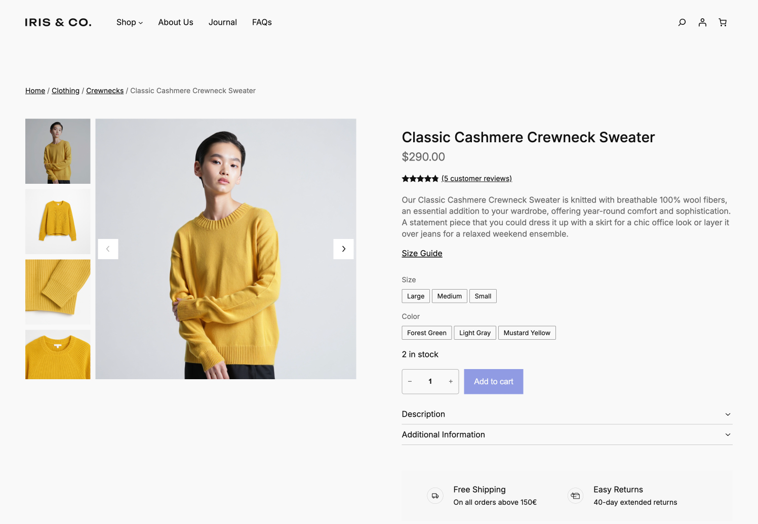 Purple product page showing product images, options, price, and Add to cart button.