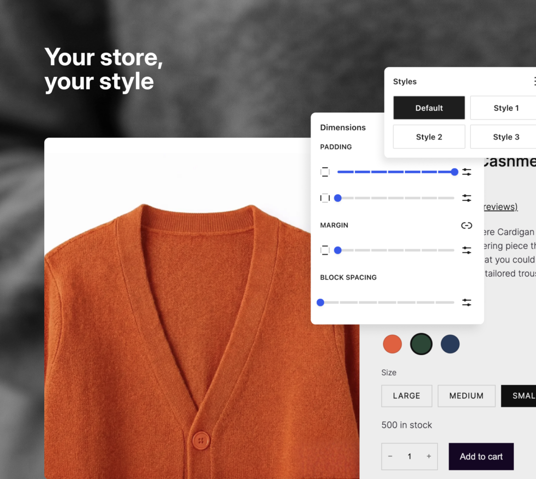 Purple theme customization preview showing style presets and spacing controls over a clothing product page.