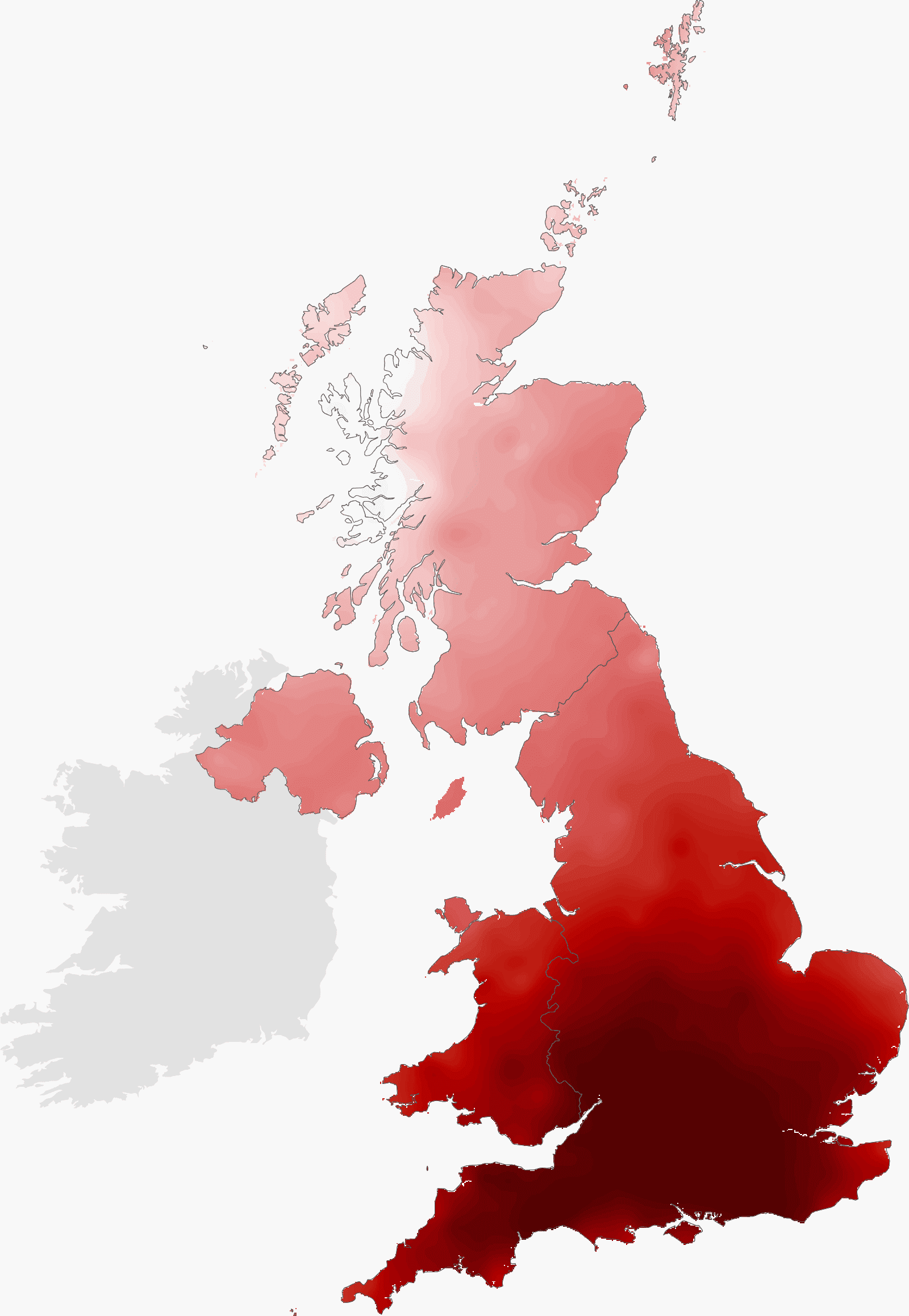 Map of the UK showing almost all areas shaded red, indicating they are warmer than the long-term average. The highest anomalies are in the south of England. A pointer indicates the searched location.