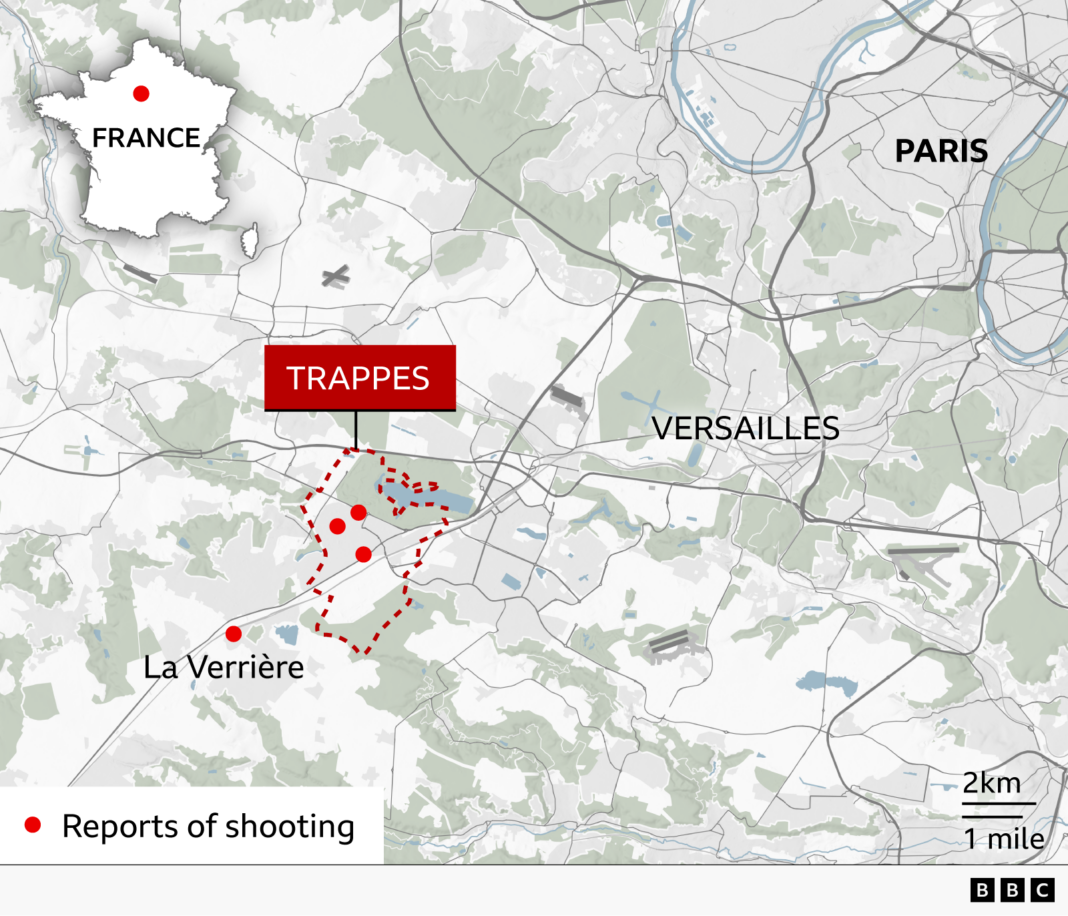 Map showing the location of Trappes, a town southwest of Paris in the Yvelines department of France. A dashed outline marks the boundary of Trappes, with four red dots indicating reported shootings. Three of the reported shootings are clustered within or close to the town, while a fourth is shown near the neighbouring area of La Verrière. An inset map locates the area within France, and labels show nearby Paris and Versailles for reference.