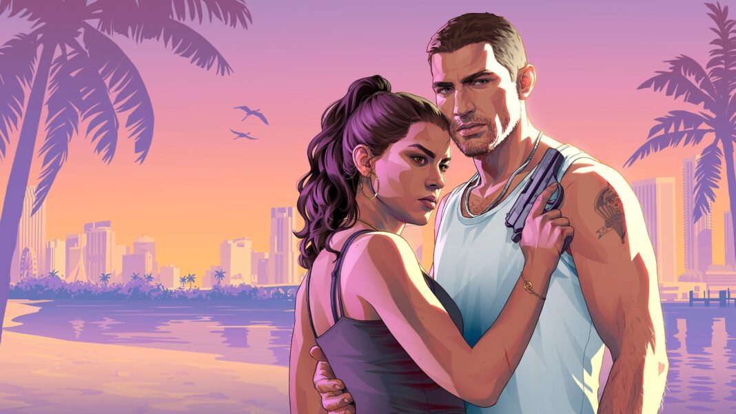 A promotional image from the game GTA 6 featuring the two main characters, Jason and Lucia. He is wearing a white vest and has a crewcut and a tattoo on his left bycep. She is facing him with a gun in her right hand.