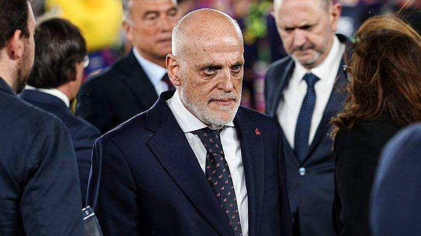 La Liga president Javier Tebas is pictured at an event, wearing a suit and tie
