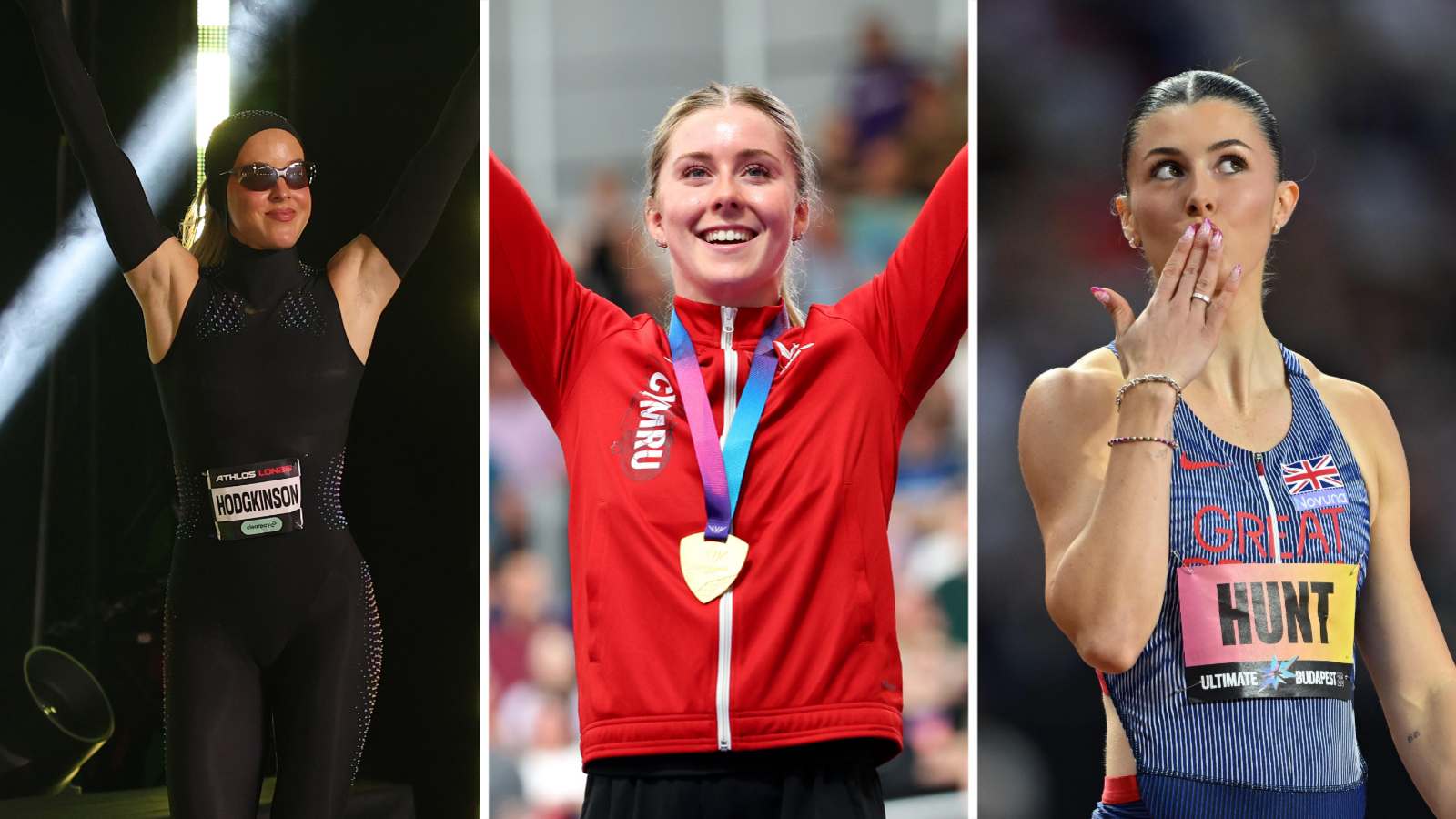 Three separate images of British athlete Keely Hodgkinson with arms aloft in black one-piece, Emma Finucane in red track top with gold medal and Amy Hunt in GB kit blowing a kiss