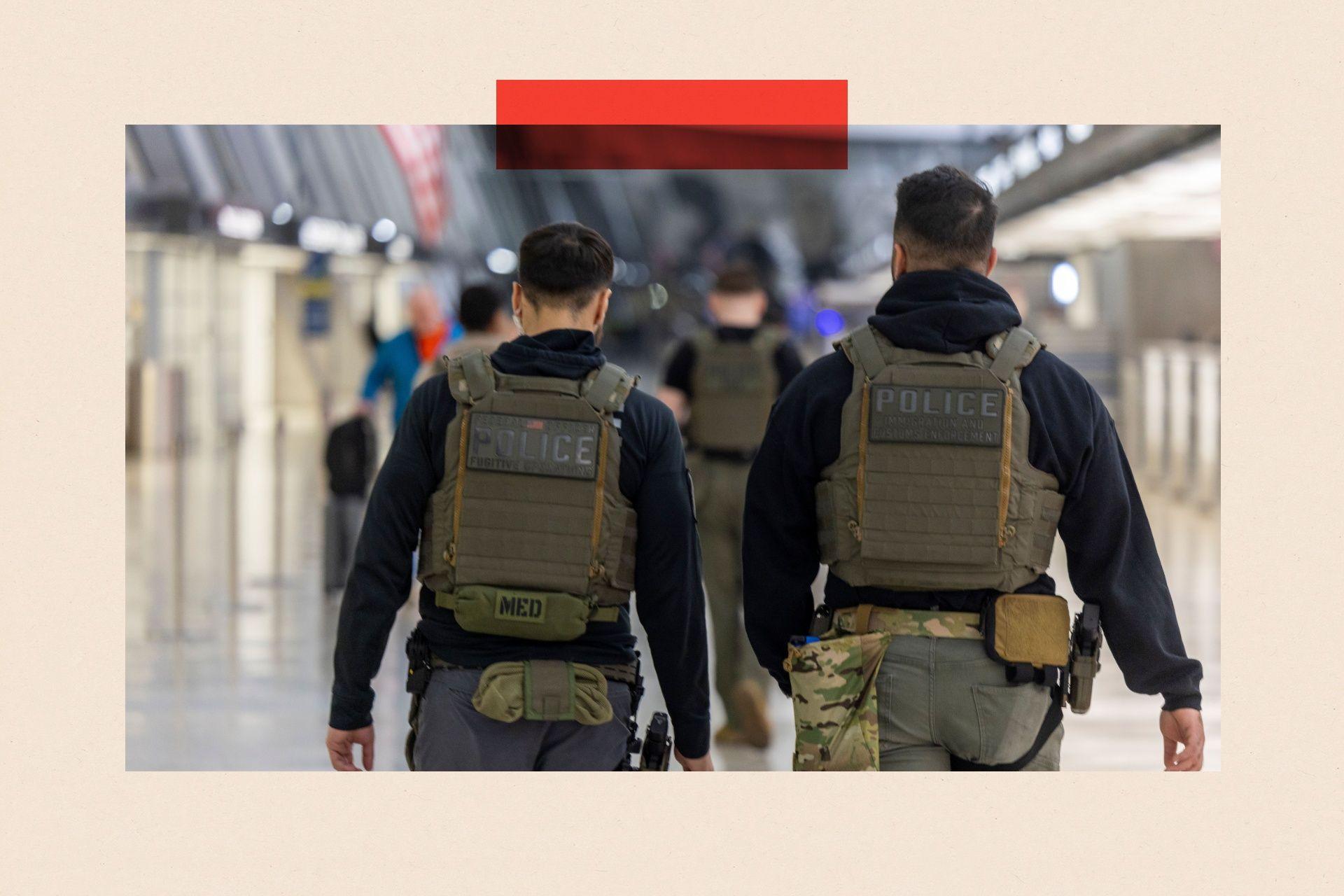 Officers patrol a US airport