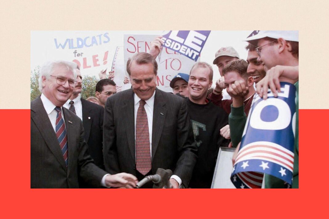 The real reasons US politicians are getting older Hal Rogers on the far left next to Bob Dole at a gas pump. They are surrounded by supporters holding Dole signs