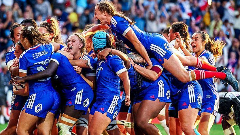 France celebrate in their WXV win against Canada