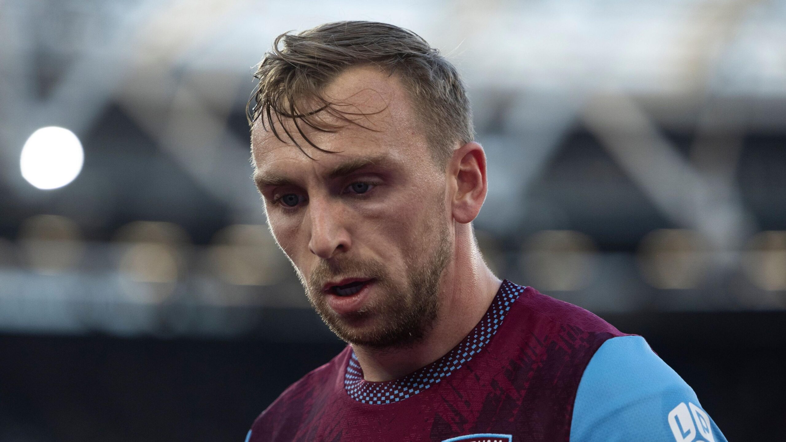 Jarrod Bowen with his head slightly bowed at the London Stadium