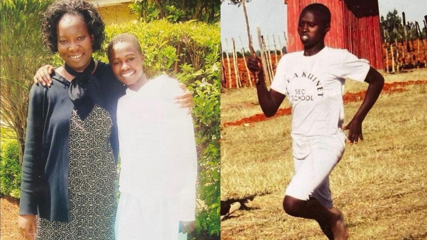 A composite image containing two pictures. On the left, a young Naomi Korir in a long white dress shares a hug with Gynocare director Caroline Mabeya, who wears a black overshirt and matching scarf over a long dress with intricate black and white pattern. Both are looking into the camera and smiling while outside in a sunny garden. On the right, a young Korir is seen running barefoot from right to left across scrubby land while wearing long white shorts and a white T-shirt with black lettering on it