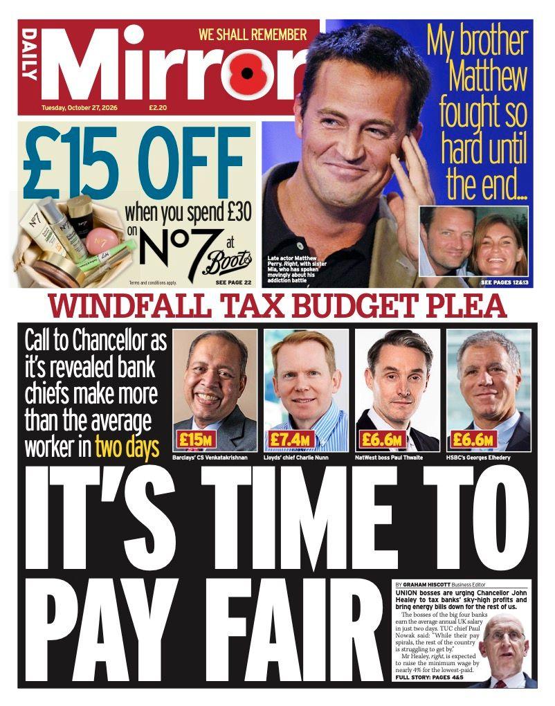 The headline on the front page of the Mirror reads: “It's time to pay fair”.