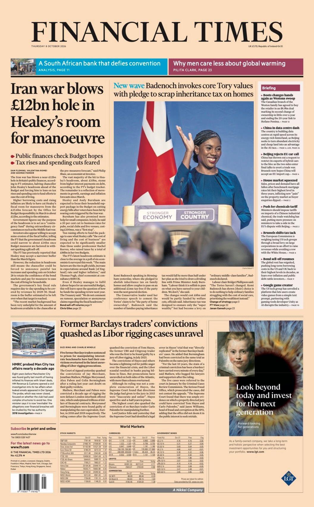 "Iran war blows £12bn hole in Healey's room for manoeuvre" reads the headline on the front page of the Financial Times.