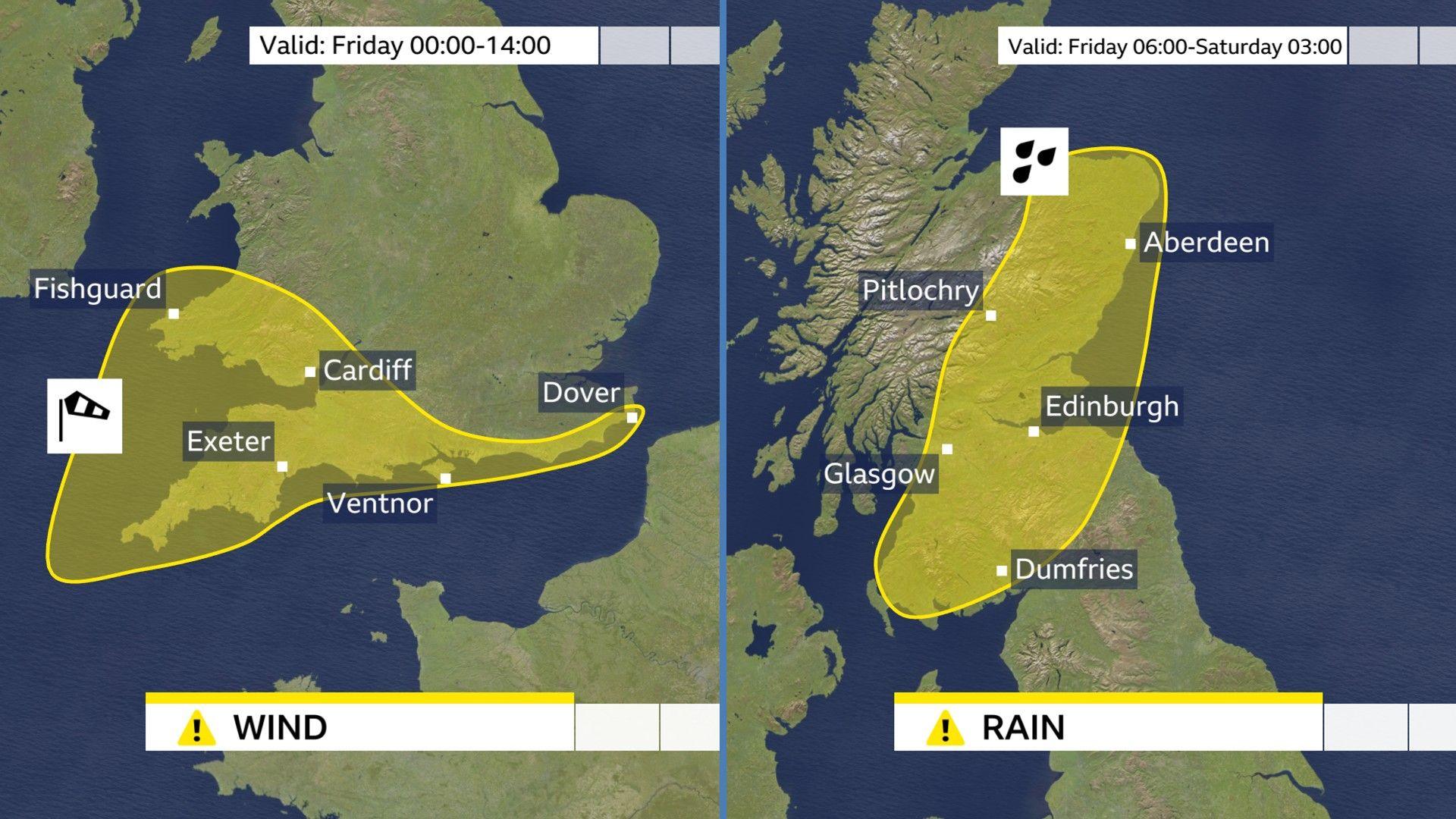 Two maps showing the Met Office yellow warning areas - one for wind, covering south Wales and southern England, and another for rain in southern and eastern Scotland