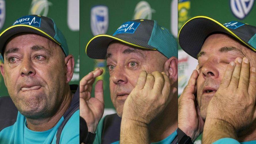 Australia coach Darren Lehmann struggles to hold back the tears after announcing his resignation
