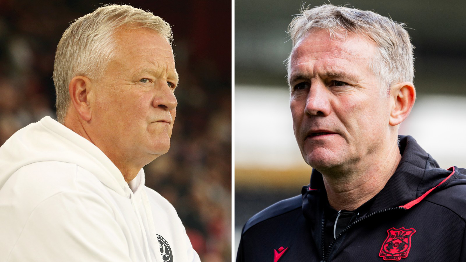 Separate images of Sheffield United manager Chris Wilder in white hoody (left) and Wrexham manager Phil Parkinson in black Wrexham jacket