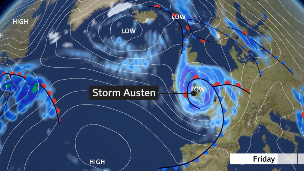 BBC weather graphic showing the pressure chart and associated weather fronts.   A deep area of low pressure is shown in southern England.