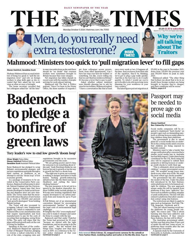 The headline on the front page of the Times reads: "Badenoch to pledge a bonfire of green laws".