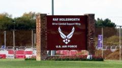 A large brown sign, fixed to brick posts, reads RAF MOLESWORTH and is at the entrance to a military base.