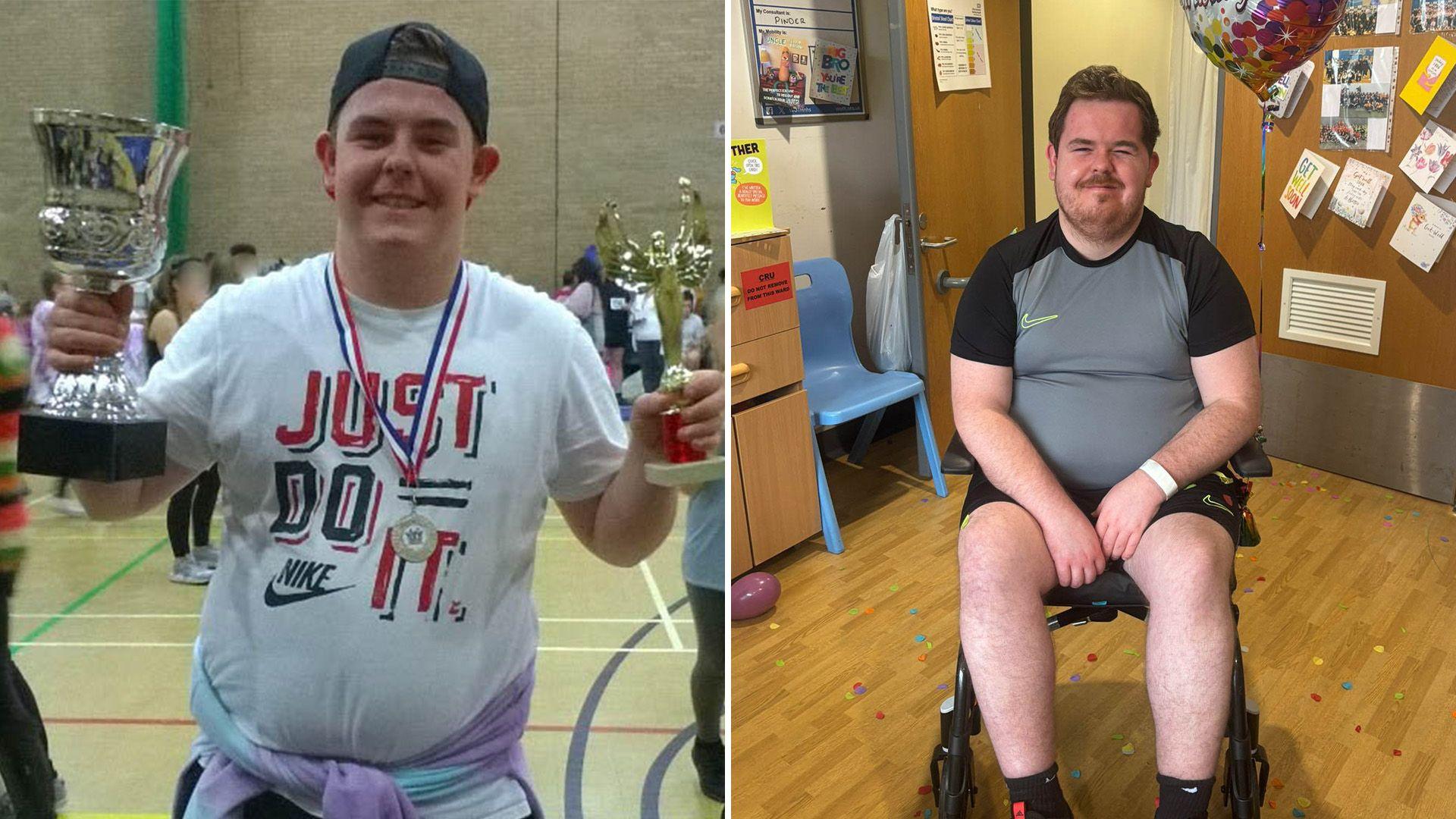 A composite image of the same man. On the left he is in a sports hall and holding trophys, and on the right he is sat in a wheelchair in a hospital ward.