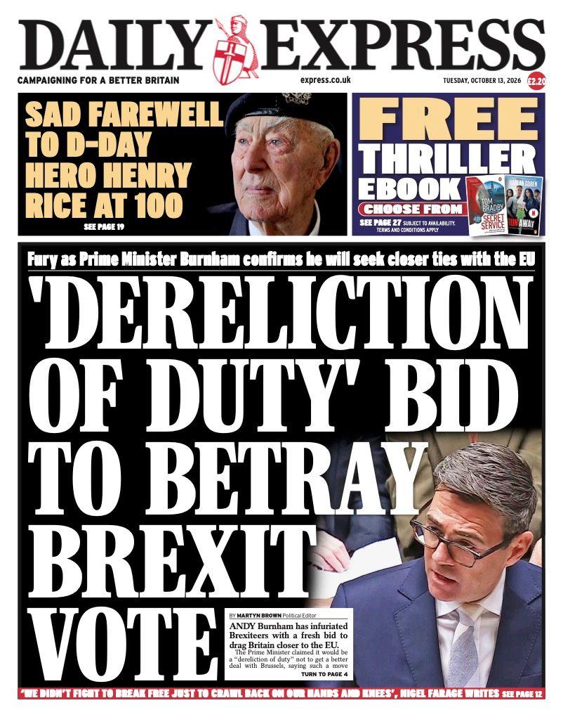 "'Dereliction of duty' bid to betray Brexit vote" reads the headline on the front page of the Daily Express.