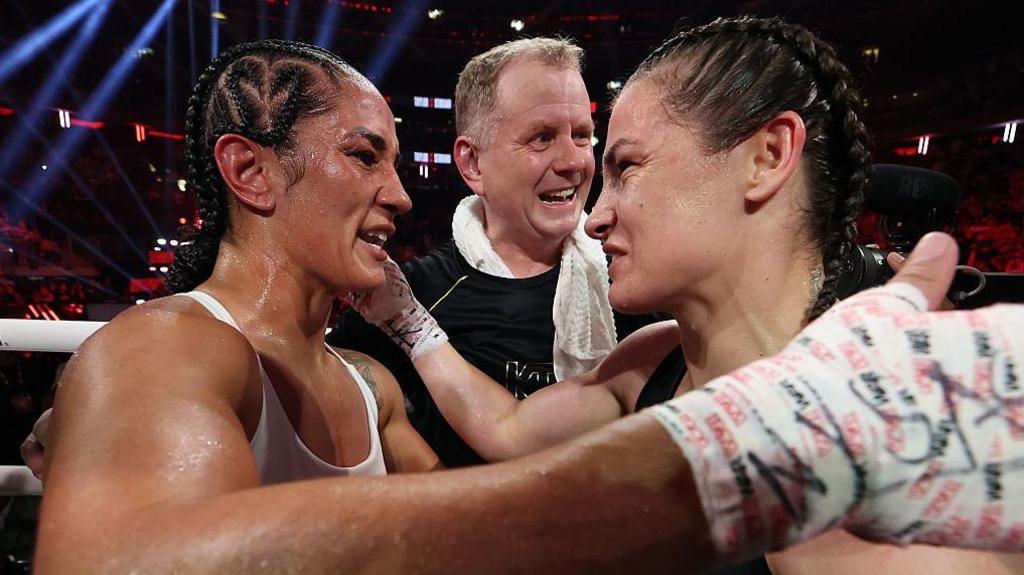 Amanda Serrano and Katie Taylor embrace after the third fight