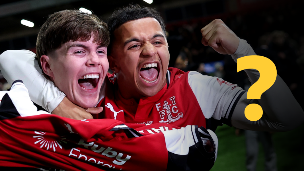 Weekly sports quiz: Which league are Fleetwood in? Fleetwood Town players celebrating a win next to a yellow question mark overlay