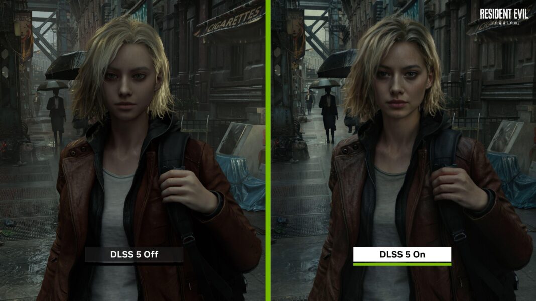 An image of a female character from the game Resident Evil is shown twice in a split screen format. The shot on the right says 'DLSS 5 feature off' at the bottom and is less clear and realistic than the one on the right, which reads: DLSS 5 feature on.