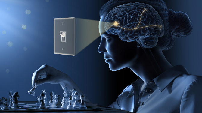 An illustration shows a woman's brain working as she plays chess