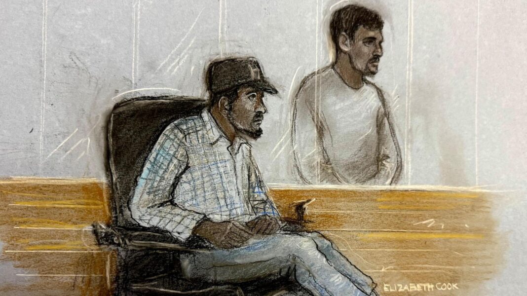 Two in court over alleged Iran-linked plot at RAF Fairford Court artist sketch of Mohmed Abdulkarim, 24, (left) and Nouman Essghir, 24. Abdulkarim sits in a wheelchair and wears a checked shirt and black cap. Essghir stands and wears a grey tracksuit.