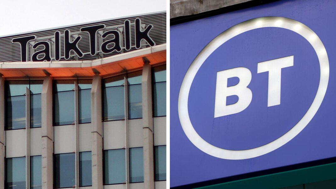 BT agrees rescue deal to buy broadband operator TalkTalk Composite of a TalkTalk and BT logo on an office building