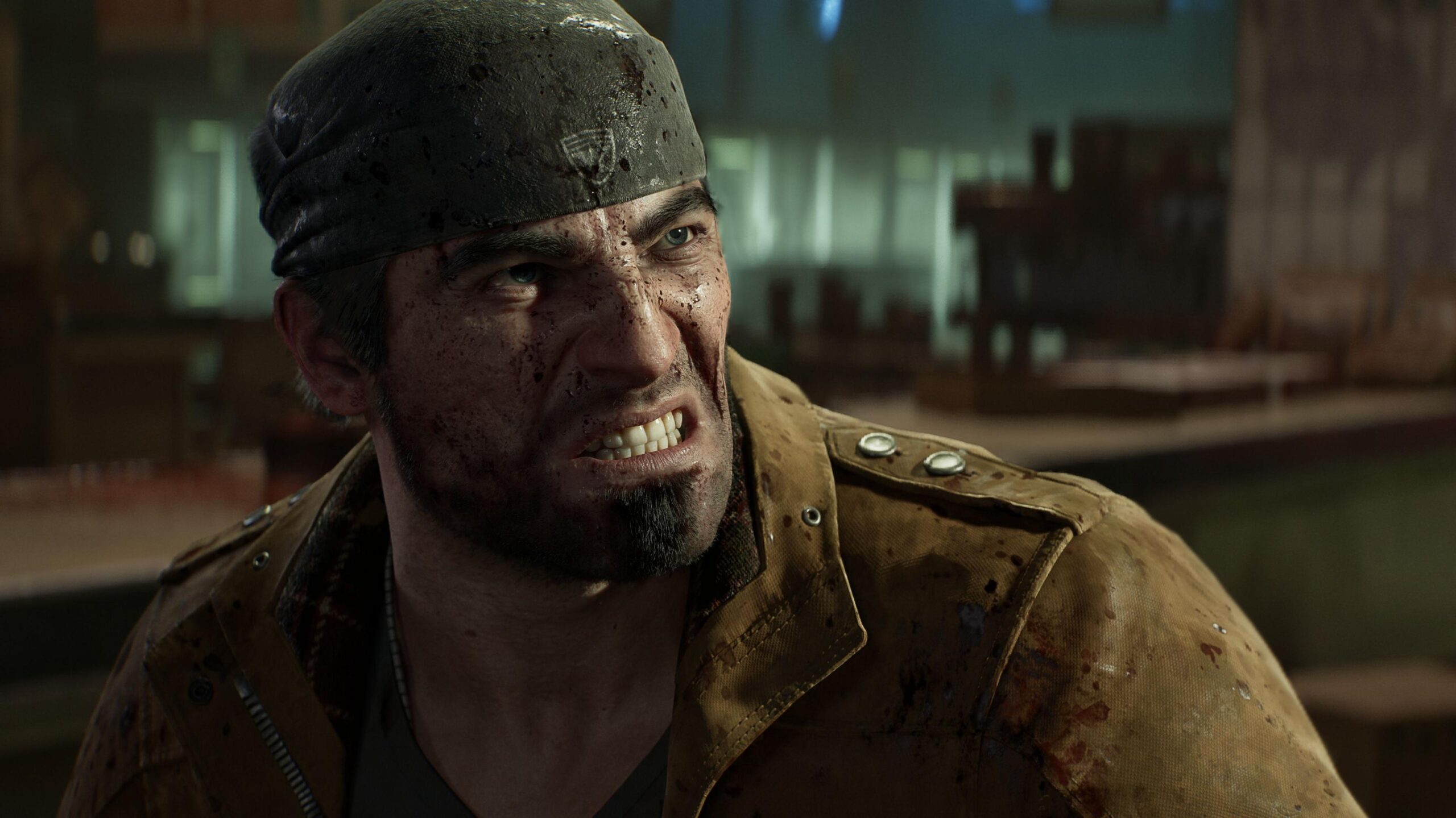 Gears of War character Marcus Fenix wears a bandanna and a brown suede jacket. The CGI character has a cropped beard and blood-spattered face and grits his teeth.
