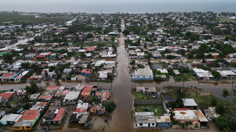 Flooded streets following the arrival of Hurricane Polo in the town of Puerto San Carlos, Baja California Sur, Mexico, on 29 September
